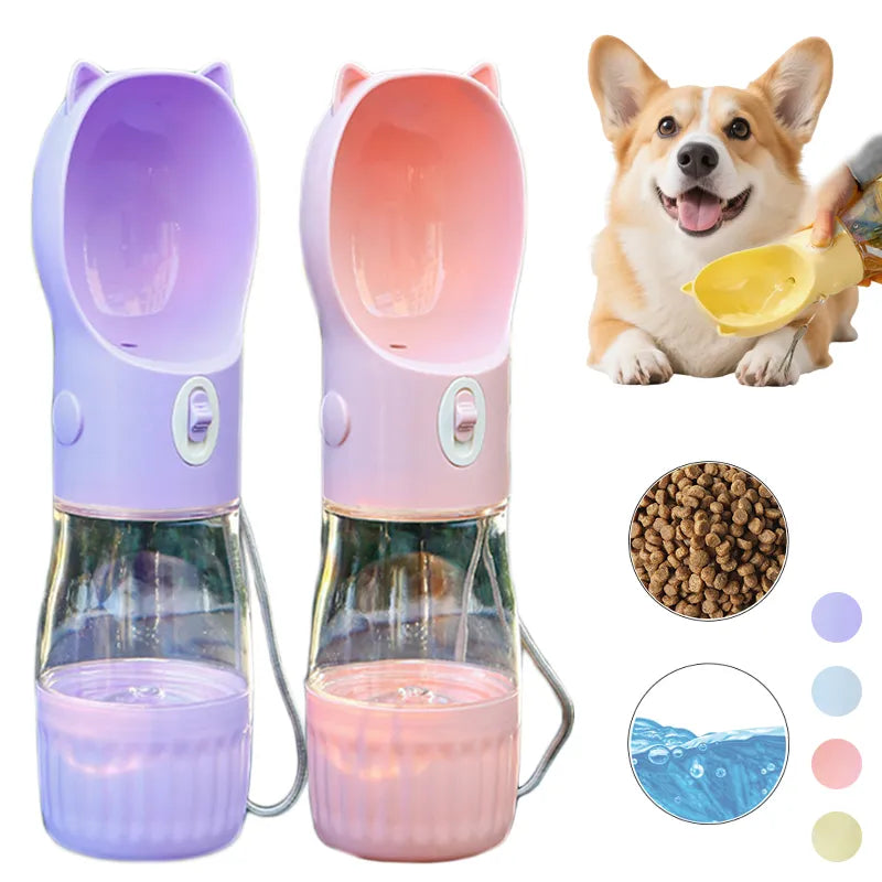 NOMADOG 2-in-1 Trinkflasche in Lila und Rosa, Corgi trinkt aus der gelben Variante